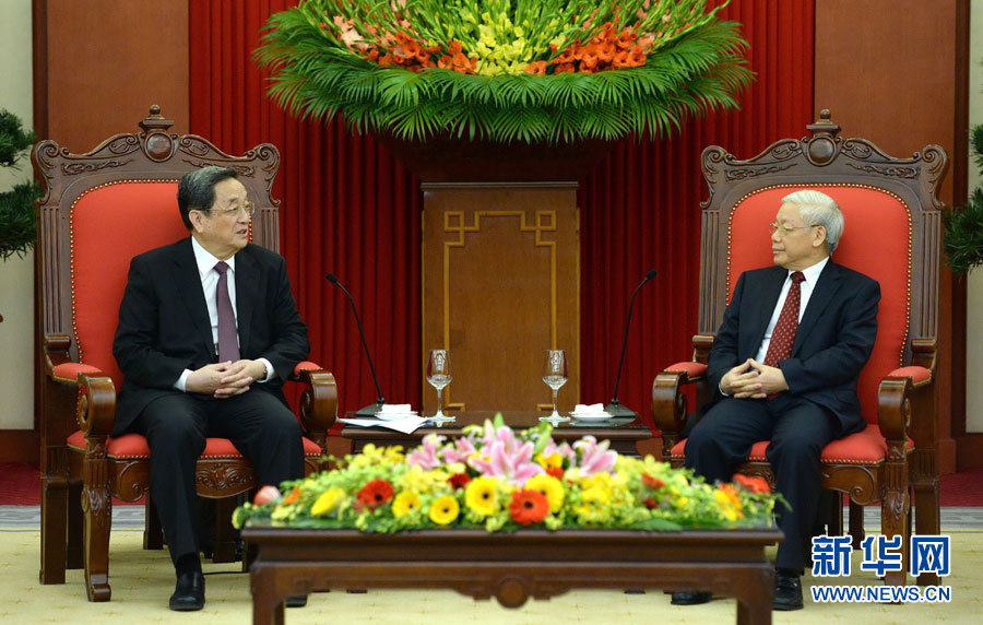 12月25日至27日，中共中央政治局常委、全國政協主席俞正聲對越南進行正式訪問。這是12月26日，俞正聲在河內會見越共中央總書記阮富仲。 新華社記者馬占成攝